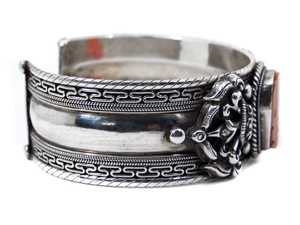 Coral Tibetan Sterling Silver Cuff Bracelet