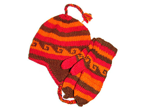 Red Tibetan Hand Knitted Woolen Hat and Mitten Set
