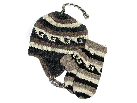 Wave Tibetan Hand Knitted Woolen Hat and Mitten Set